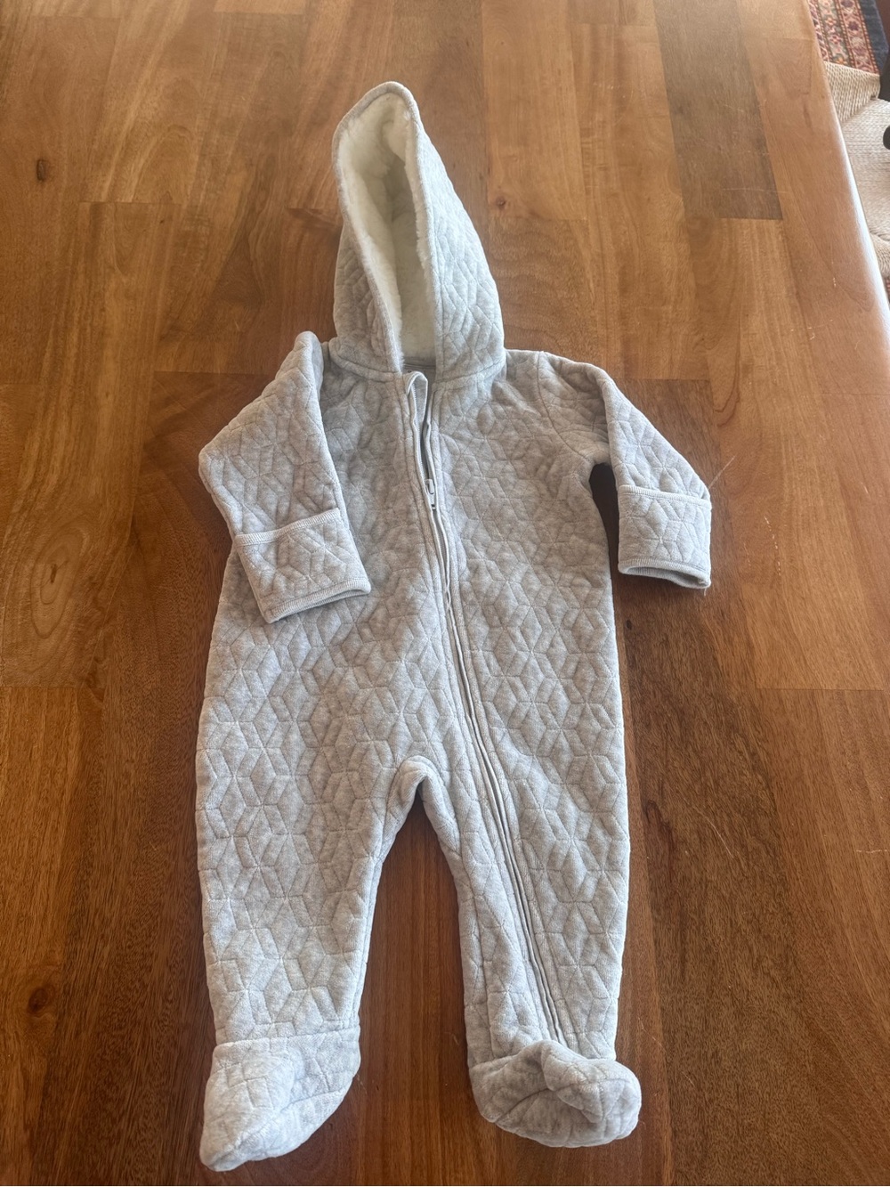 Quilted Hooded Baby One-Piece in Light Gray